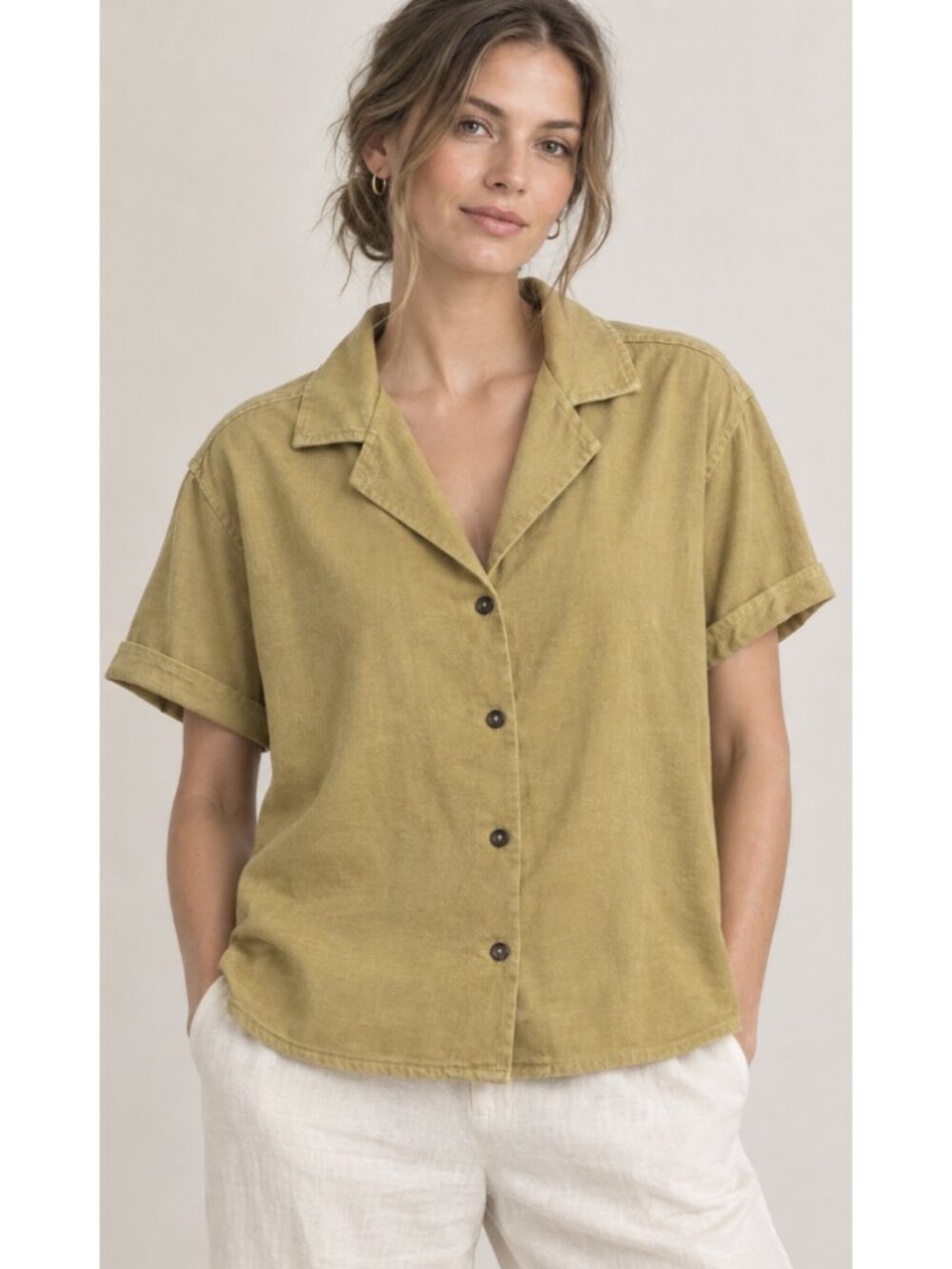 ANIAN Oxford Camp Collar Shirt Mustard Small Boxy Cropped Woven Casual Cotton